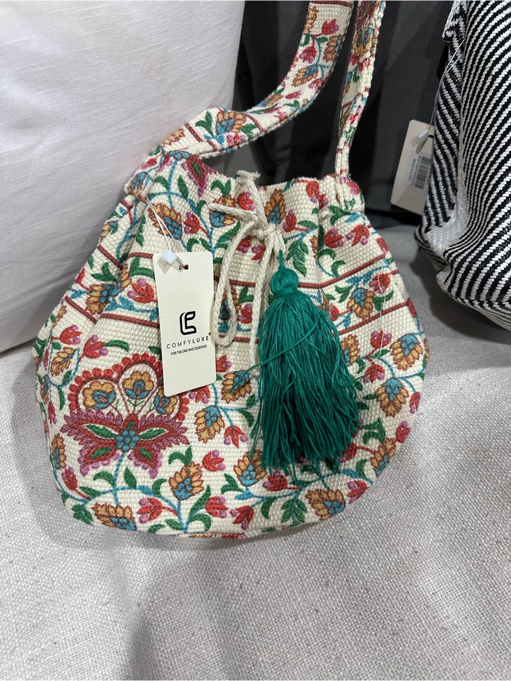 Floral Embroidered Drawstring Bucket Bag in Cream & Green - Picture 1 of 1